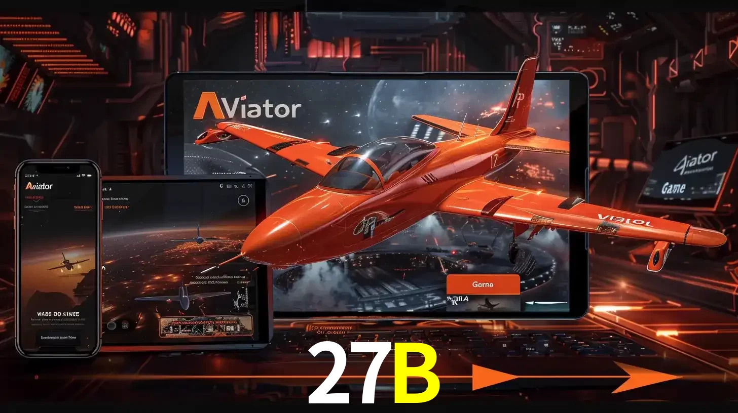 Apresentação tecnológica do jogo Aviator com um avião saindo da tela de um tablet, demonstrando a experiência imersiva em múltiplos dispositivos no 27B.