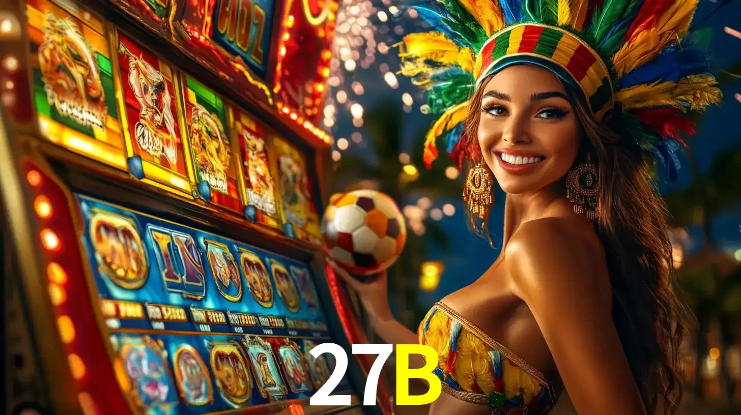 Mulher com um cocar de carnaval ao lado de uma máquina de caça-níqueis enquanto segura uma bola de futebol, mostrando a união da diversão de cassino e esportes no 27B.