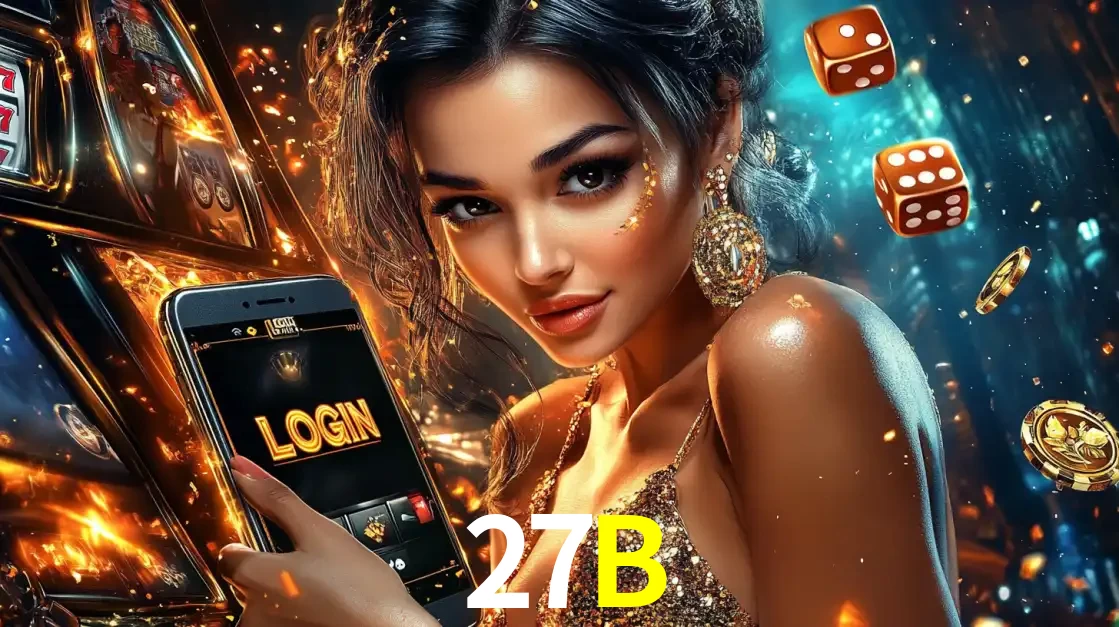 Mulher glamourosa segurando um celular com a tela de login do cassino 27B, rodeada por dados e moedas douradas, pronta para começar a diversão.