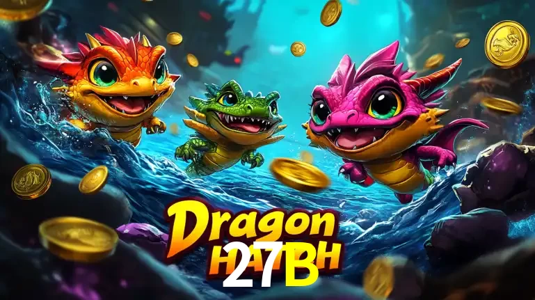 Arte promocional do jogo Dragon Hatch com três adoráveis dragões bebês nadando entre moedas de ouro, um dos slots mais divertidos para jogar no cassino 27B.