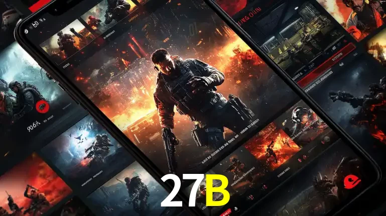 Tela de um celular exibindo uma galeria de jogos de tiro com temática militar, mostrando a variedade de e-sports disponíveis para apostas na plataforma de entretenimento 27B.