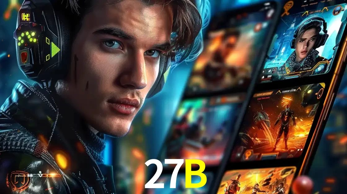 Jovem jogador com fones de ouvido olhando para a câmera, com um aplicativo de jogos e e-sports para celular ao fundo, pronto para a competição e apostas no 27B.