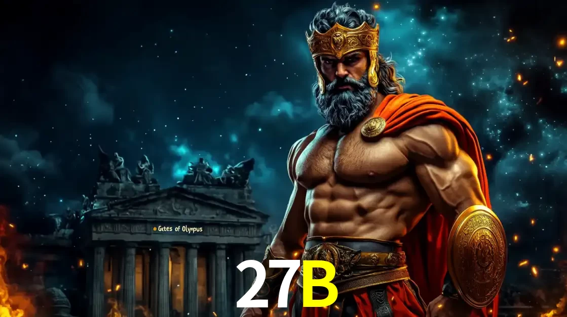 O poderoso Zeus do jogo de slot Gates of Olympus em frente ao seu templo, pronto para lançar multiplicadores divinos e prêmios épicos no cassino online 27B.