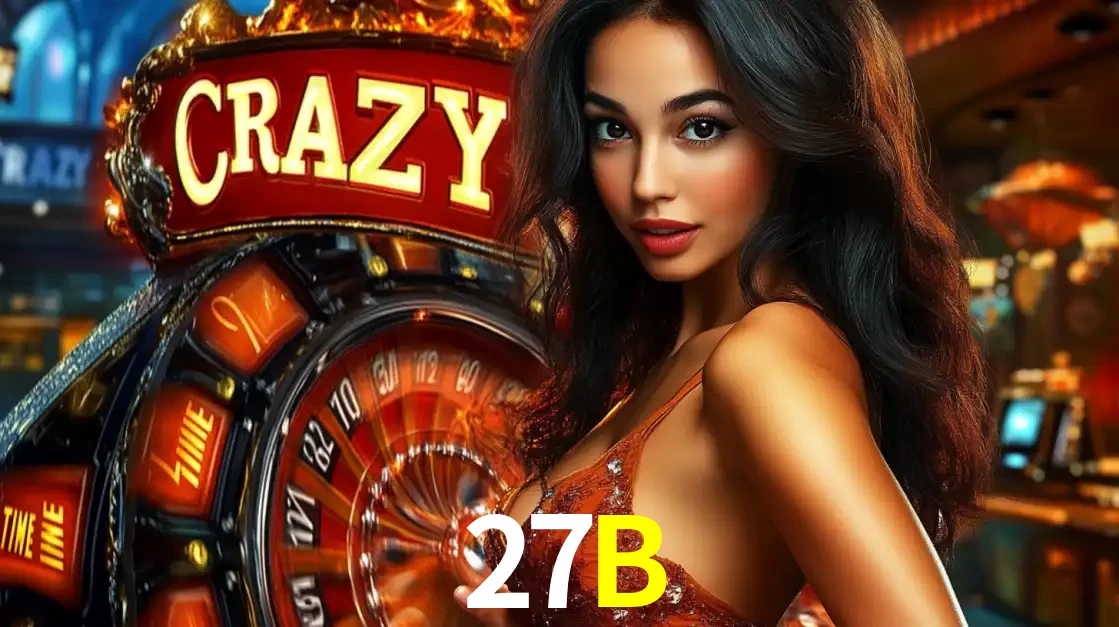 Mulher glamourosa olhando para a câmera com a roda vermelha do Crazy Time ao fundo em um ambiente de cassino, destacando a emoção dos jogos ao vivo no 27B.