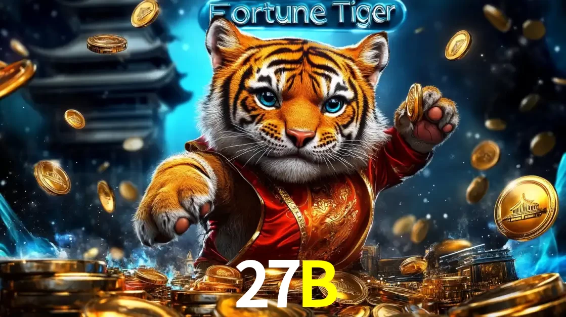 Imagem promocional do jogo de slot Fortune Tiger, com um tigre majestoso em traje tradicional cercado por uma fortuna em moedas de ouro, disponível agora no cassino 27B.