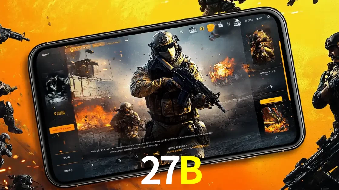 Um smartphone exibindo a interface de um jogo de tiro em primeira pessoa, com um soldado em um cenário de batalha, representando a ação dos e-sports para apostar no 27B.