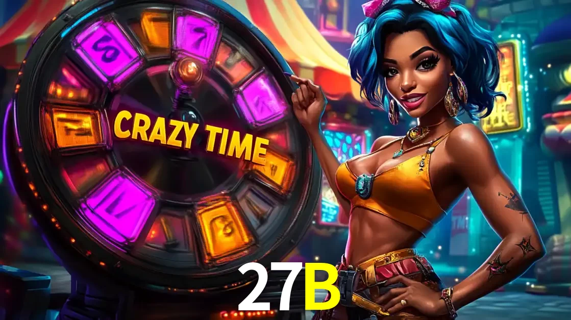Mulher estilizada com cabelo azul e visual vibrante posando ao lado da roda de prêmios do game show Crazy Time, convidando para a diversão e os bônus do cassino 27B.