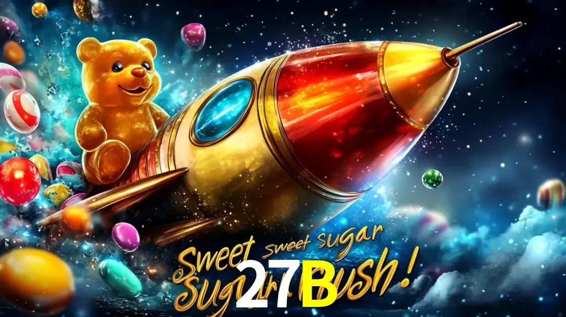 Arte promocional do jogo de slot Sugar Rush, com um urso de pelúcia em um foguete viajando pelo espaço de doces, um dos jogos divertidos disponíveis no cassino 27B.