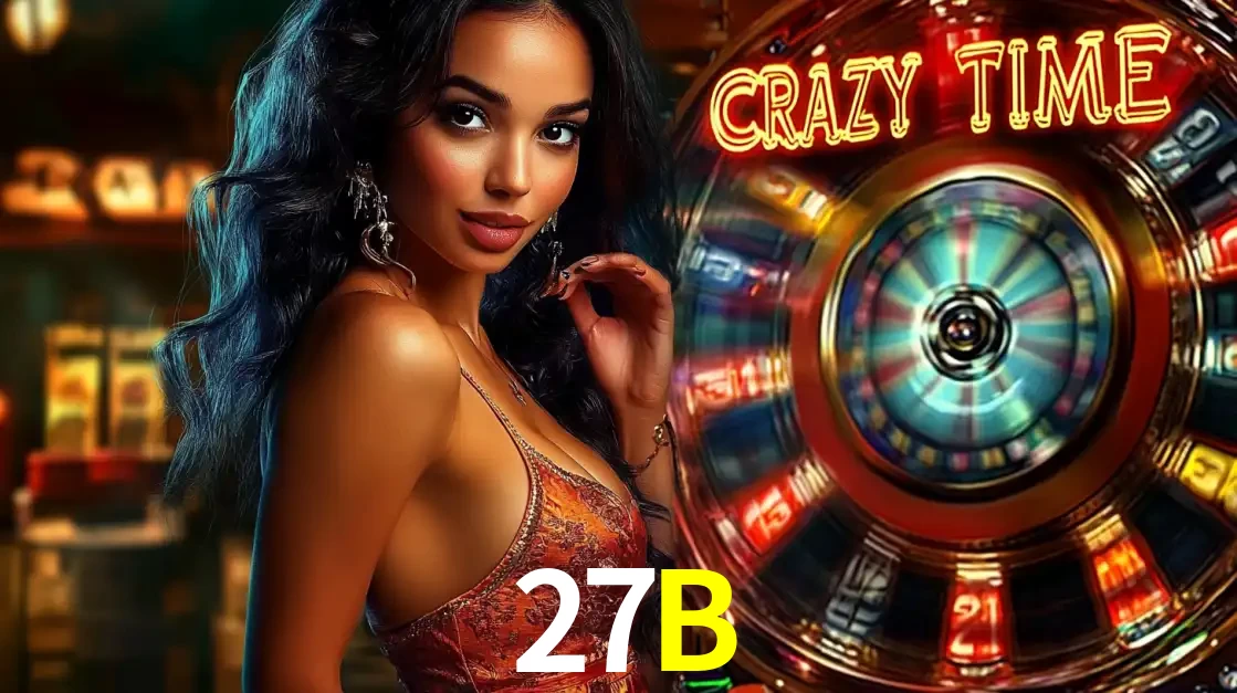 Mulher elegante ao lado da vibrante roda da fortuna do jogo de cassino ao vivo Crazy Time, um dos game shows mais populares e cheios de prêmios do 27B.