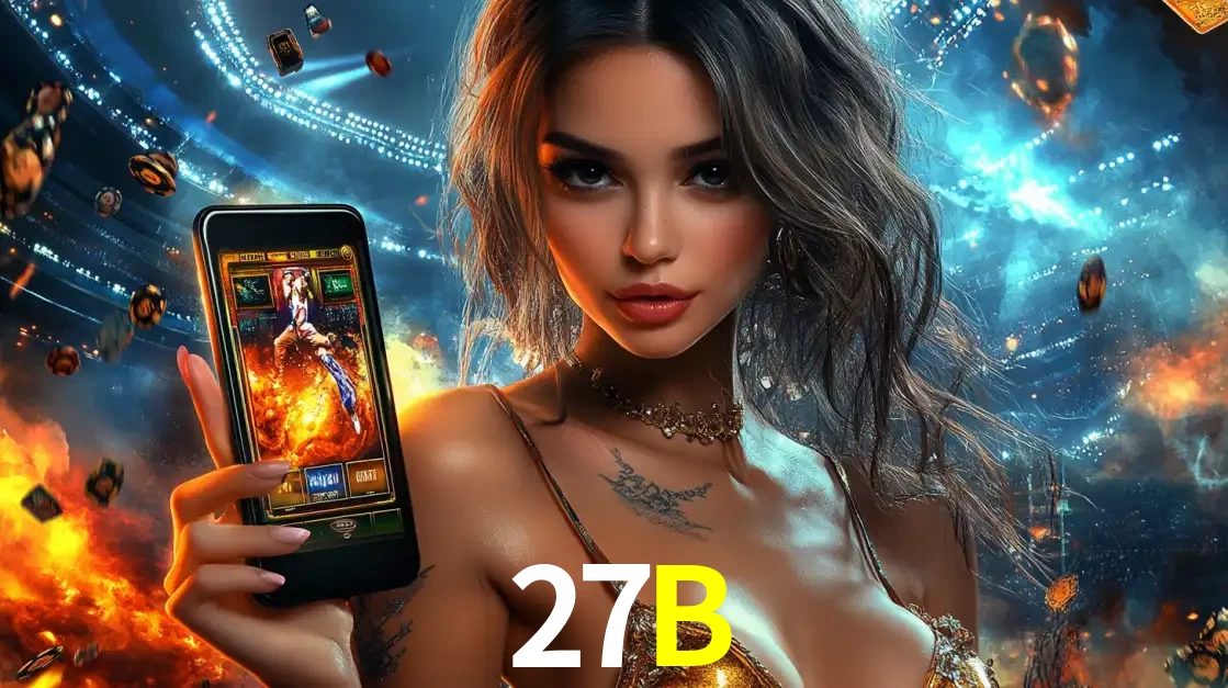 Mulher segurando um celular com um jogo de slot em destaque, tendo como fundo um estádio vibrante, simbolizando a emoção de jogar no cassino móvel 27B.