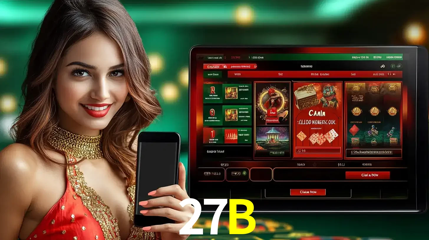 Mulher sorridente segurando um smartphone, ao lado de uma tela exibindo o lobby de jogos do cassino online 27B, com várias opções de jogos de cartas e slots.
